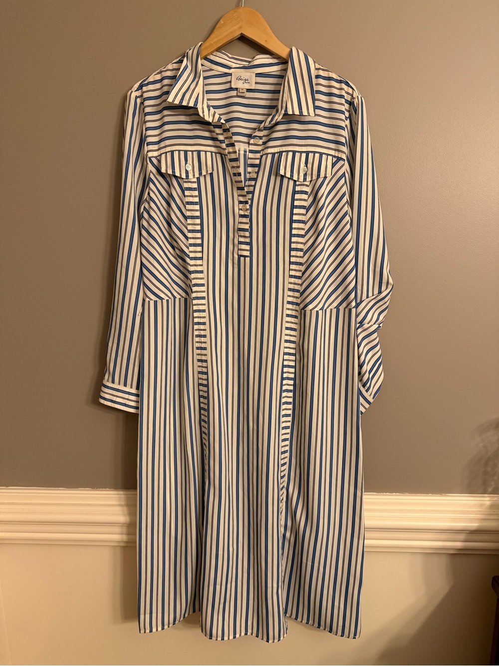 Beige by ECI Striped Roll Tab Shirt Dress Blue White Womens Size 14
